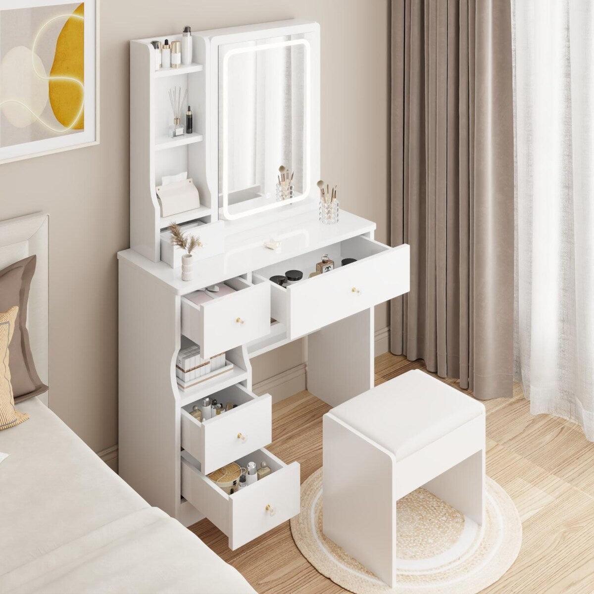 Small Space Left Drawer Desktop Vanity Table + Cushioned Stool, Extra Large Touch Control Sliding LED Mirror