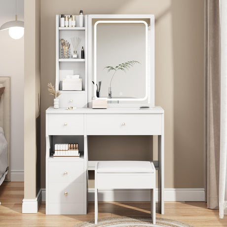 Small Space Left Drawer Desktop Vanity Table + Cushioned Stool, Extra Large Touch Control Sliding LED Mirror