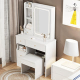 Small Space Left Drawer Desktop Vanity Table + Cushioned Stool, Extra Large Touch Control Sliding LED Mirror