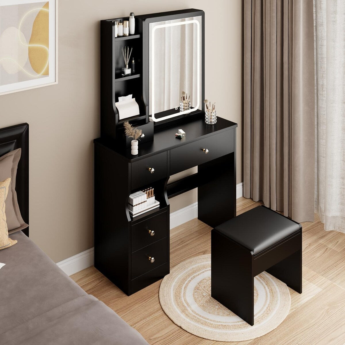 Small Space Left Drawer Desktop Vanity Table + Cushioned Stool, Extra Large Touch Control Sliding LED Mirror