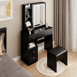 Small Space Left Drawer Desktop Vanity Table + Cushioned Stool, Extra Large Touch Control Sliding LED Mirror