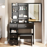 Small Space Left Drawer Desktop Vanity Table + Cushioned Stool, Extra Large Touch Control Sliding LED Mirror