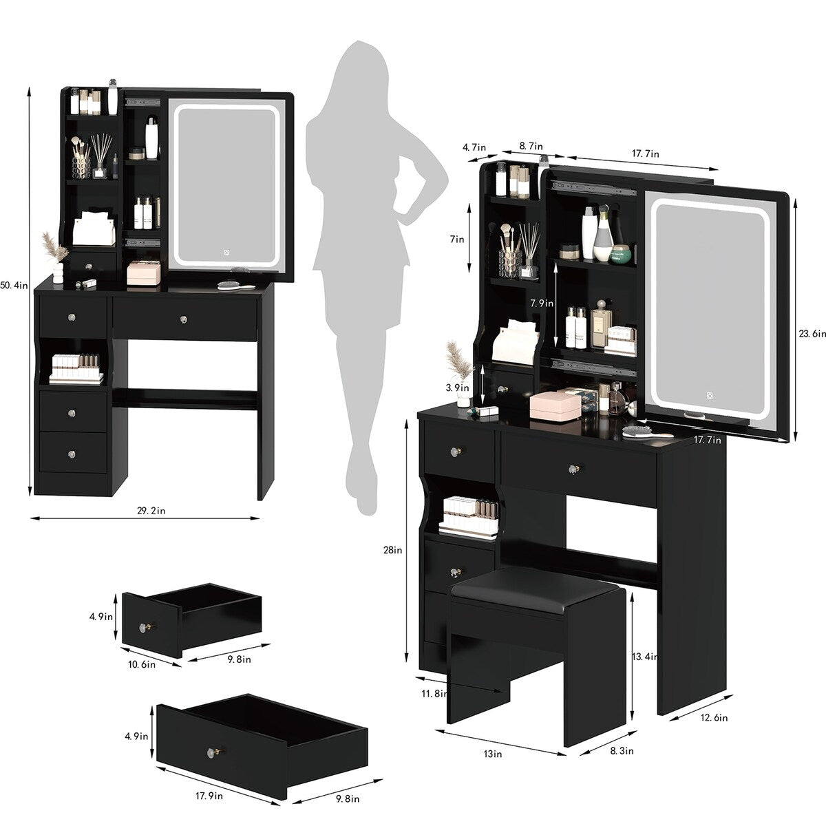 Small Space Left Drawer Desktop Vanity Table + Cushioned Stool, Extra Large Touch Control Sliding LED Mirror