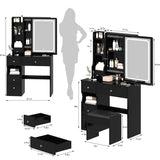 Small Space Left Drawer Desktop Vanity Table + Cushioned Stool, Extra Large Touch Control Sliding LED Mirror