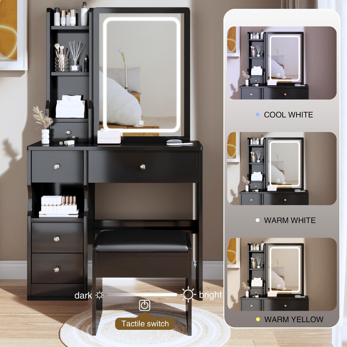 Small Space Left Drawer Desktop Vanity Table + Cushioned Stool, Extra Large Touch Control Sliding LED Mirror
