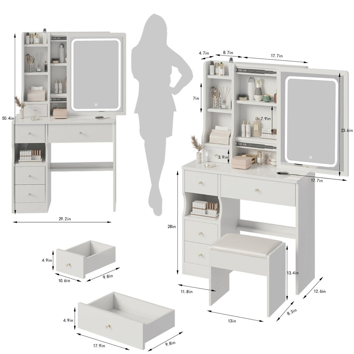 Small Space Left Drawer Desktop Vanity Table + Cushioned Stool, Extra Large Touch Control Sliding LED Mirror