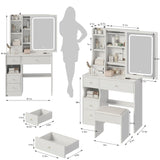 Small Space Left Drawer Desktop Vanity Table + Cushioned Stool, Extra Large Touch Control Sliding LED Mirror
