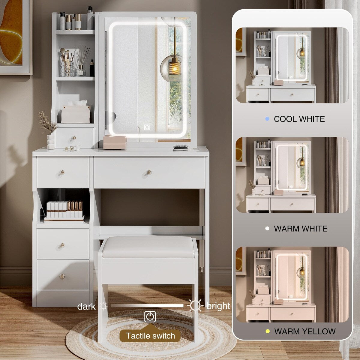 Small Space Left Drawer Desktop Vanity Table + Cushioned Stool, Extra Large Touch Control Sliding LED Mirror