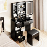 Small Space Left Drawer Desktop Vanity Table + Cushioned Stool, Extra Large Touch Control Sliding LED Mirror