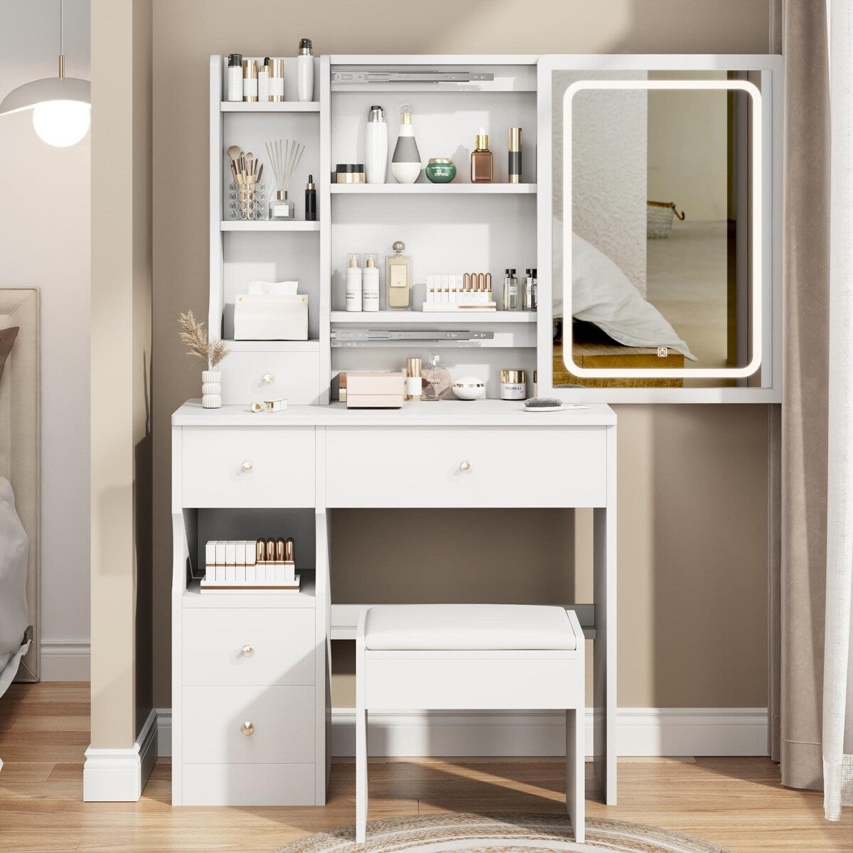 Small Space Left Drawer Desktop Vanity Table + Cushioned Stool, Extra Large Touch Control Sliding LED Mirror