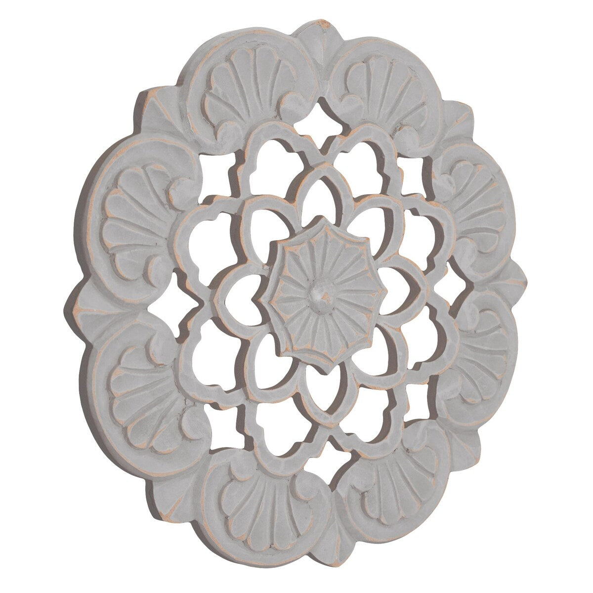Small Traditional Hand-Carved India Wood Accent Medallion - Grey (16")