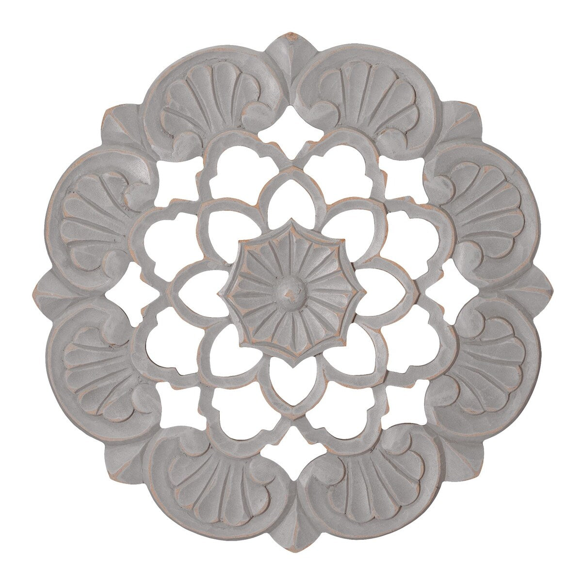 Small Traditional Hand-Carved India Wood Accent Medallion - Grey (16")