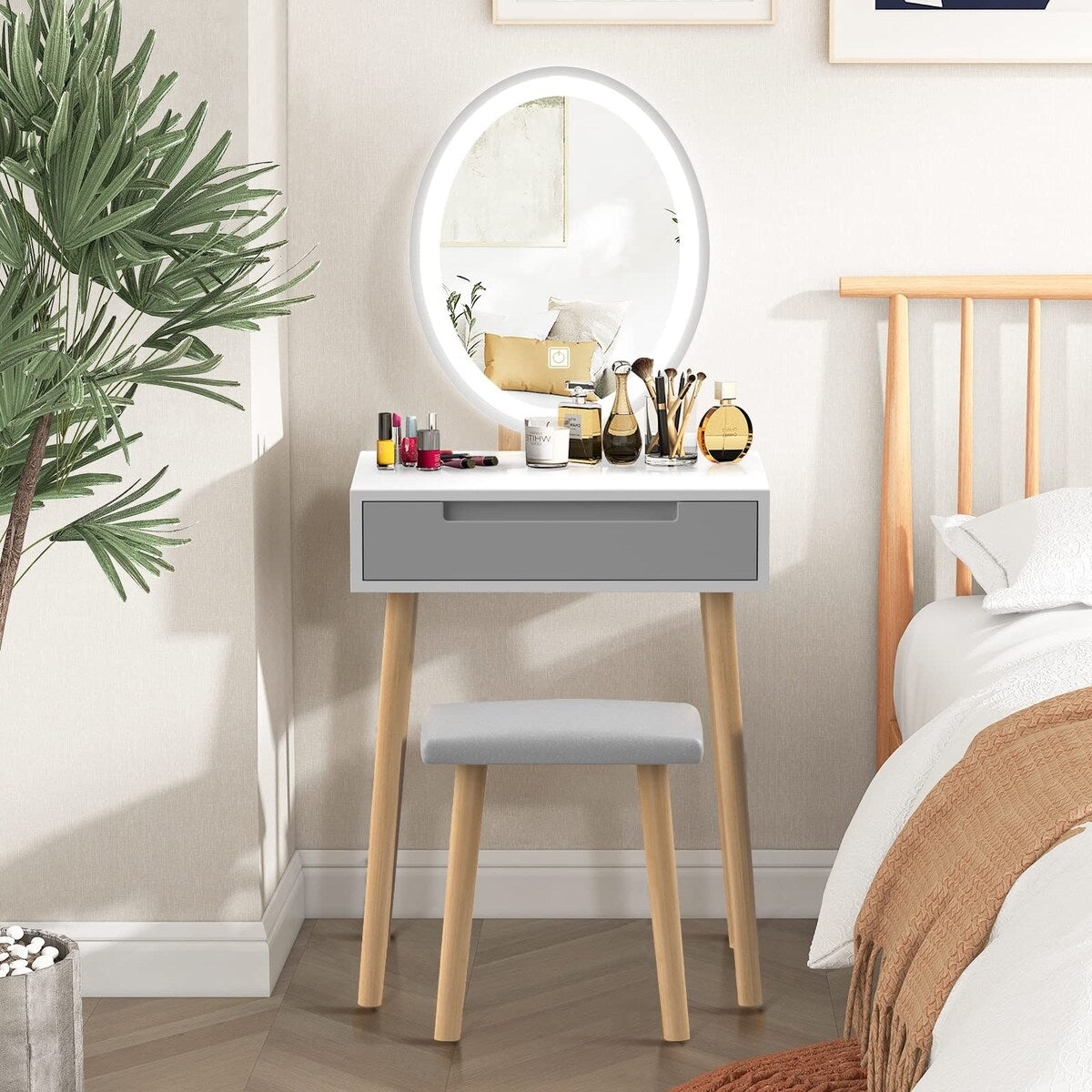 Small Vanity Desk with Mirror and Lights,Makeup Vanity Set with Chair and Drawers for Small Space, Bedroom with Light