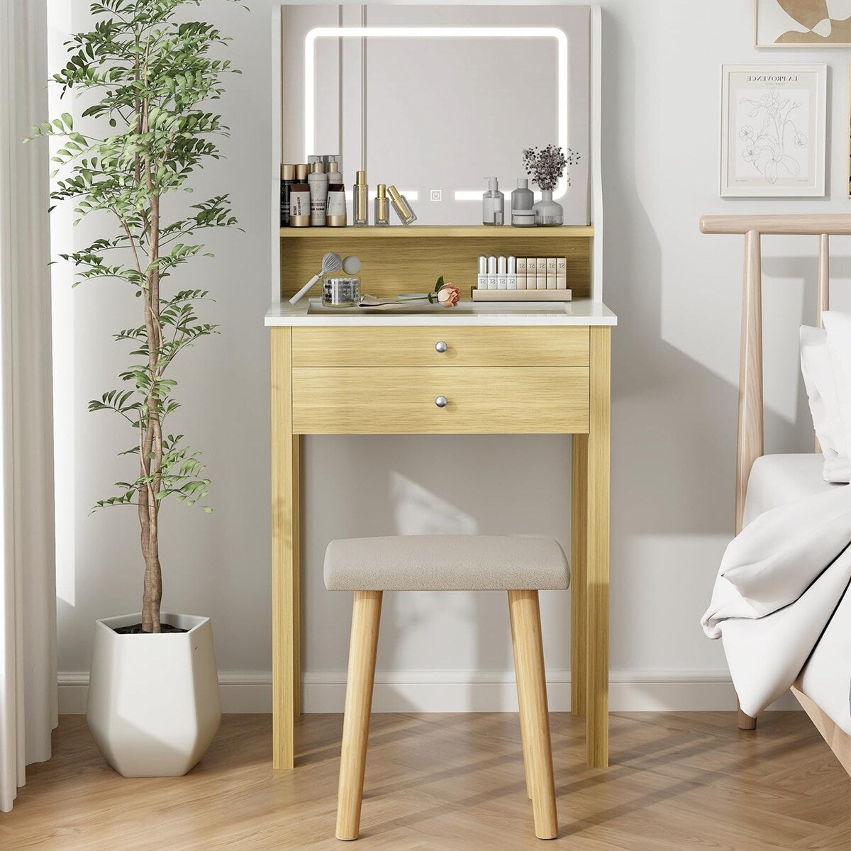Small Vanity Desk with Mirror and Lights,Makeup Vanity Set with Chair and Drawers for Small Space, Bedroom with Light