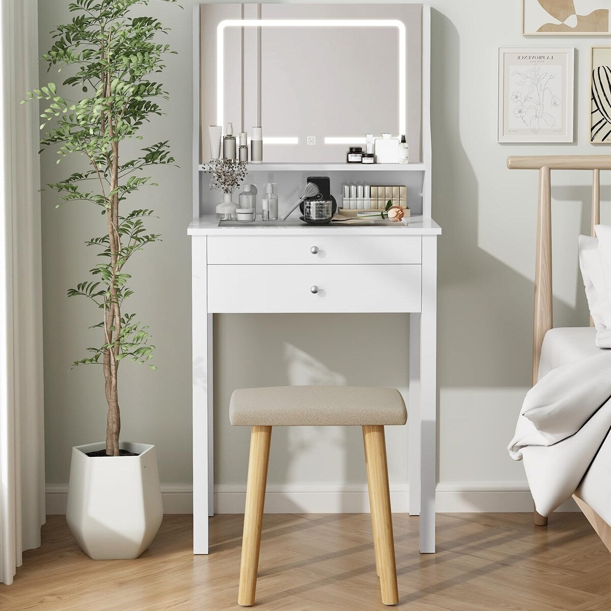 Small Vanity Desk with Mirror and Lights,Makeup Vanity Set with Chair and Drawers for Small Space, Bedroom with Light