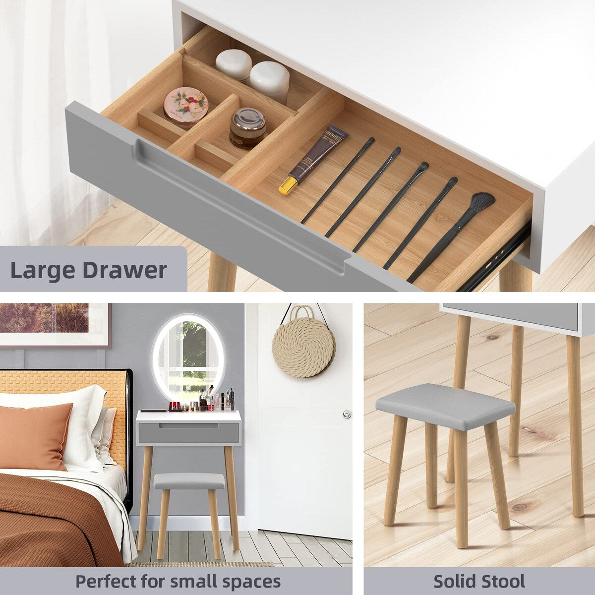 Small Vanity Desk with Mirror and Lights,Makeup Vanity Set with Chair and Drawers for Small Space, Bedroom with Light