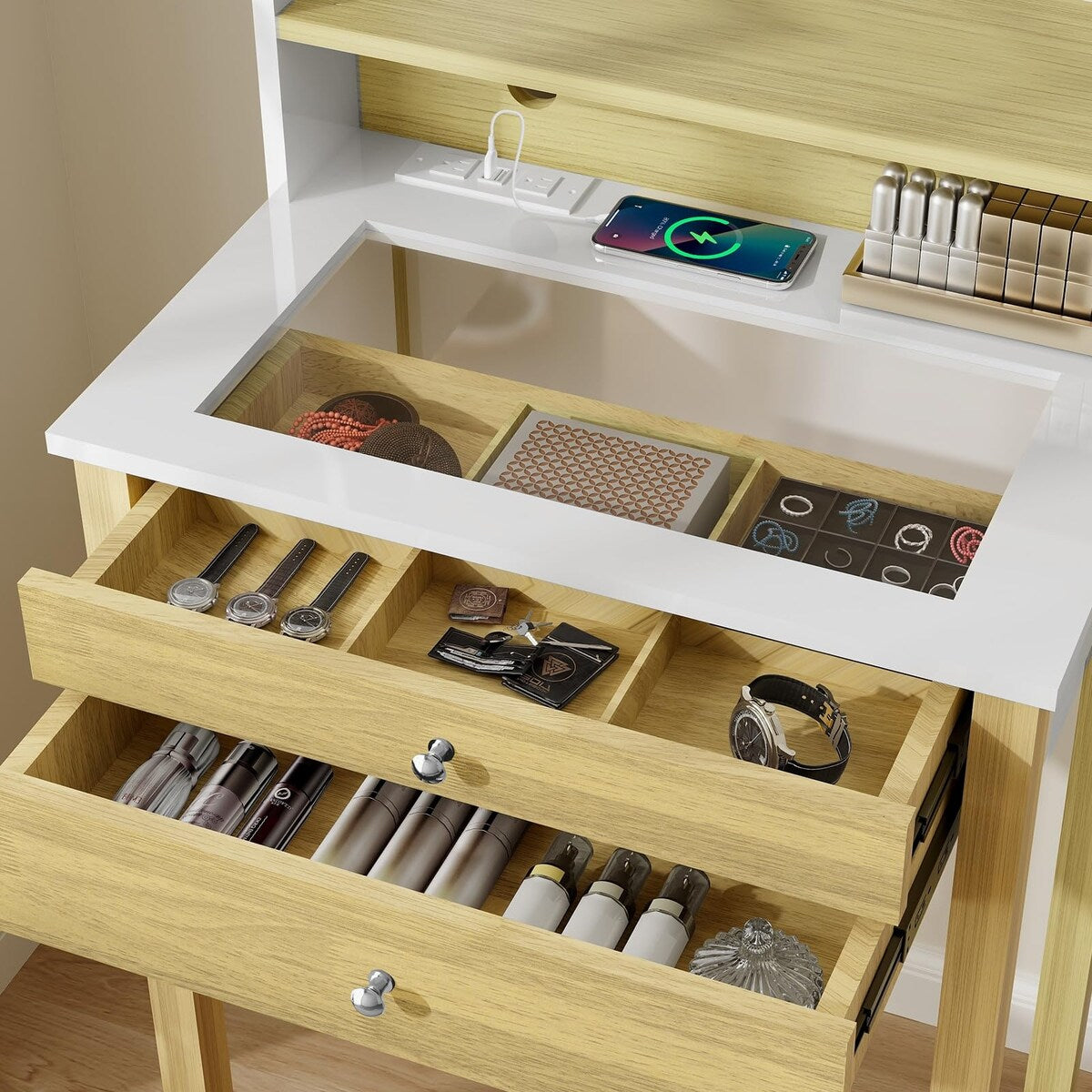 Small Vanity Desk with Mirror and Lights,Makeup Vanity Set with Chair and Drawers for Small Space, Bedroom with Light
