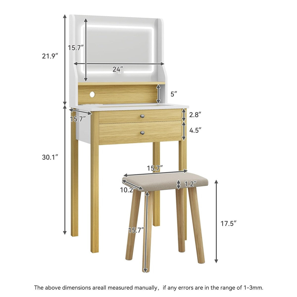 Small Vanity Desk with Mirror and Lights,Makeup Vanity Set with Chair and Drawers for Small Space, Bedroom with Light