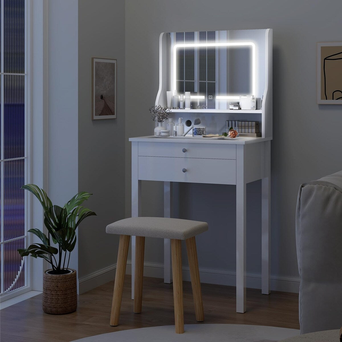 Small Vanity Desk with Mirror and Lights,Makeup Vanity Set with Chair and Drawers for Small Space, Bedroom with Light