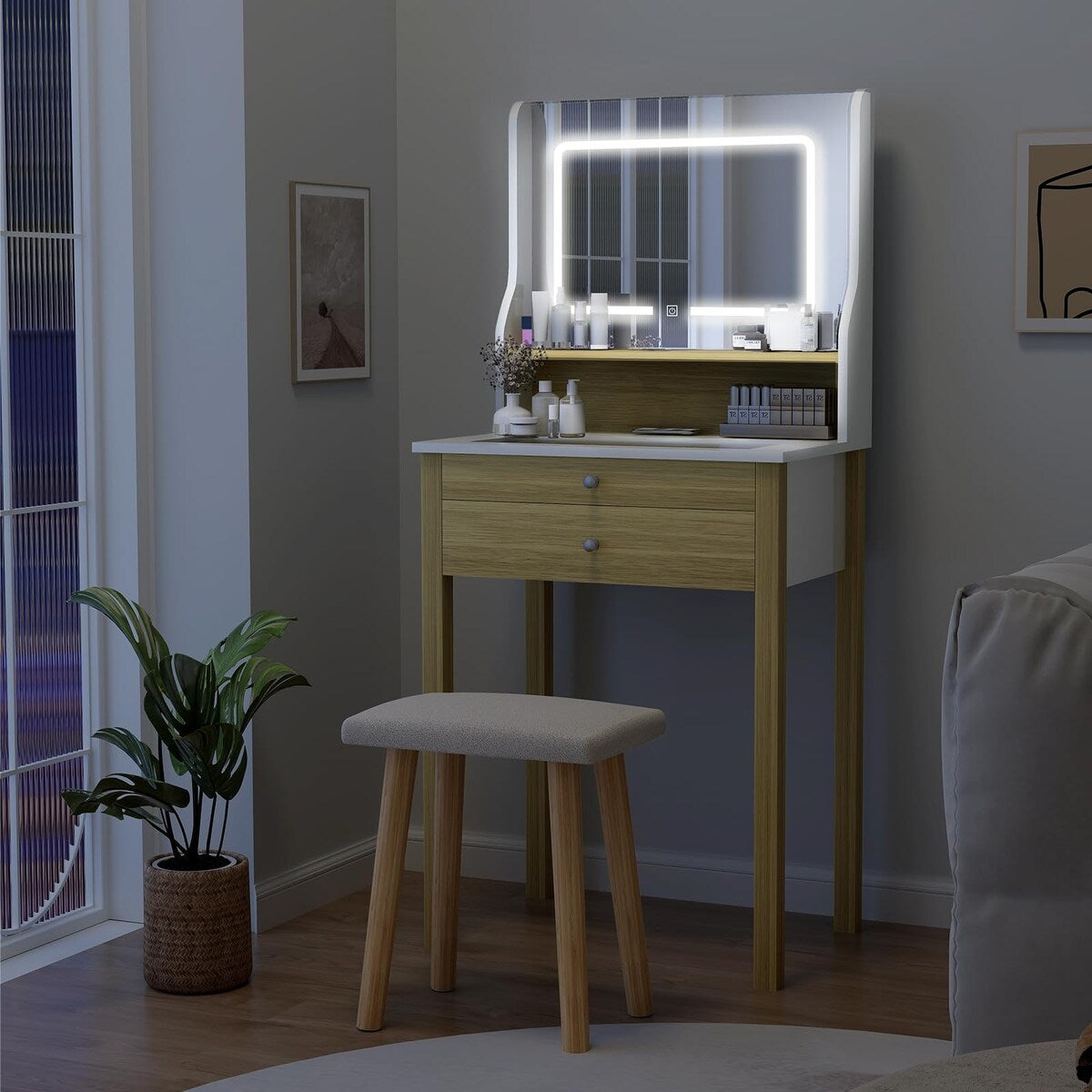 Small Vanity Desk with Mirror and Lights,Makeup Vanity Set with Chair and Drawers for Small Space, Bedroom with Light