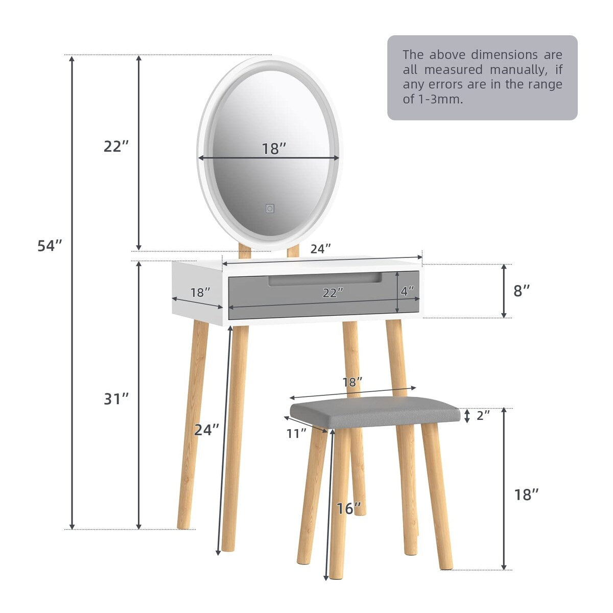 Small Vanity Desk with Mirror and Lights,Makeup Vanity Set with Chair and Drawers for Small Space, Bedroom with Light