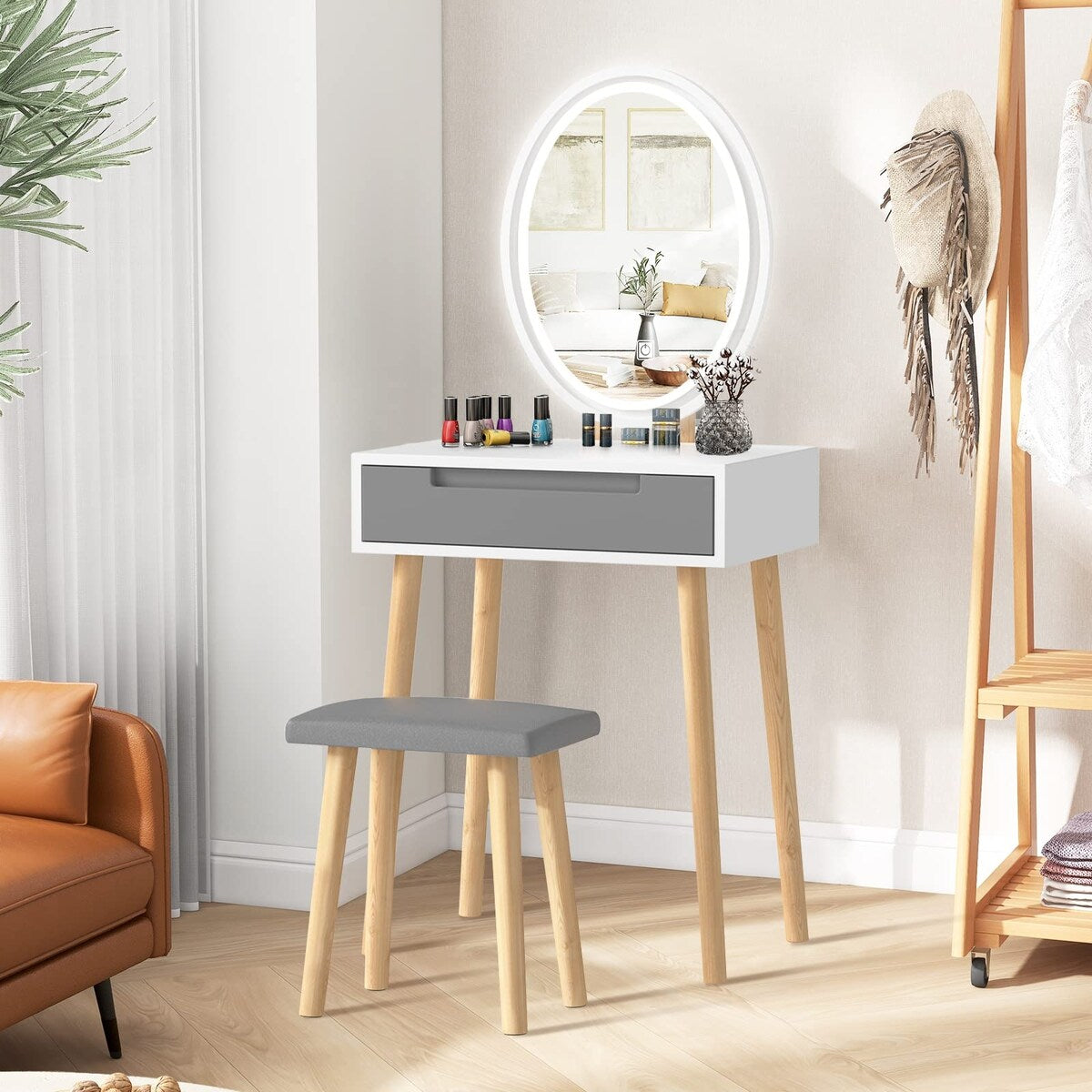 Small Vanity Desk with Mirror and Lights,Makeup Vanity Set with Chair and Drawers for Small Space, Bedroom with Light