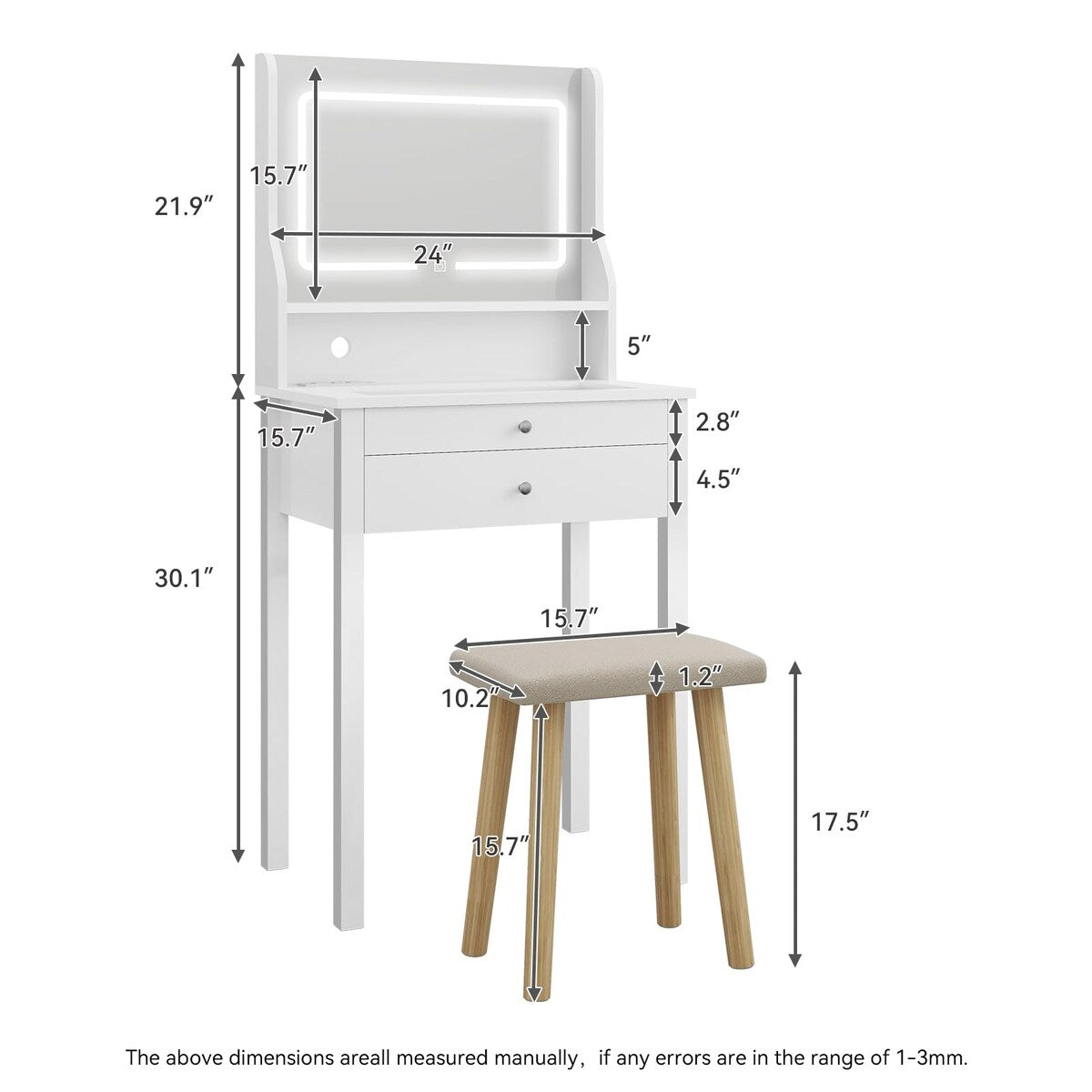 Small Vanity Desk with Mirror and Lights,Makeup Vanity Set with Chair and Drawers for Small Space, Bedroom with Light