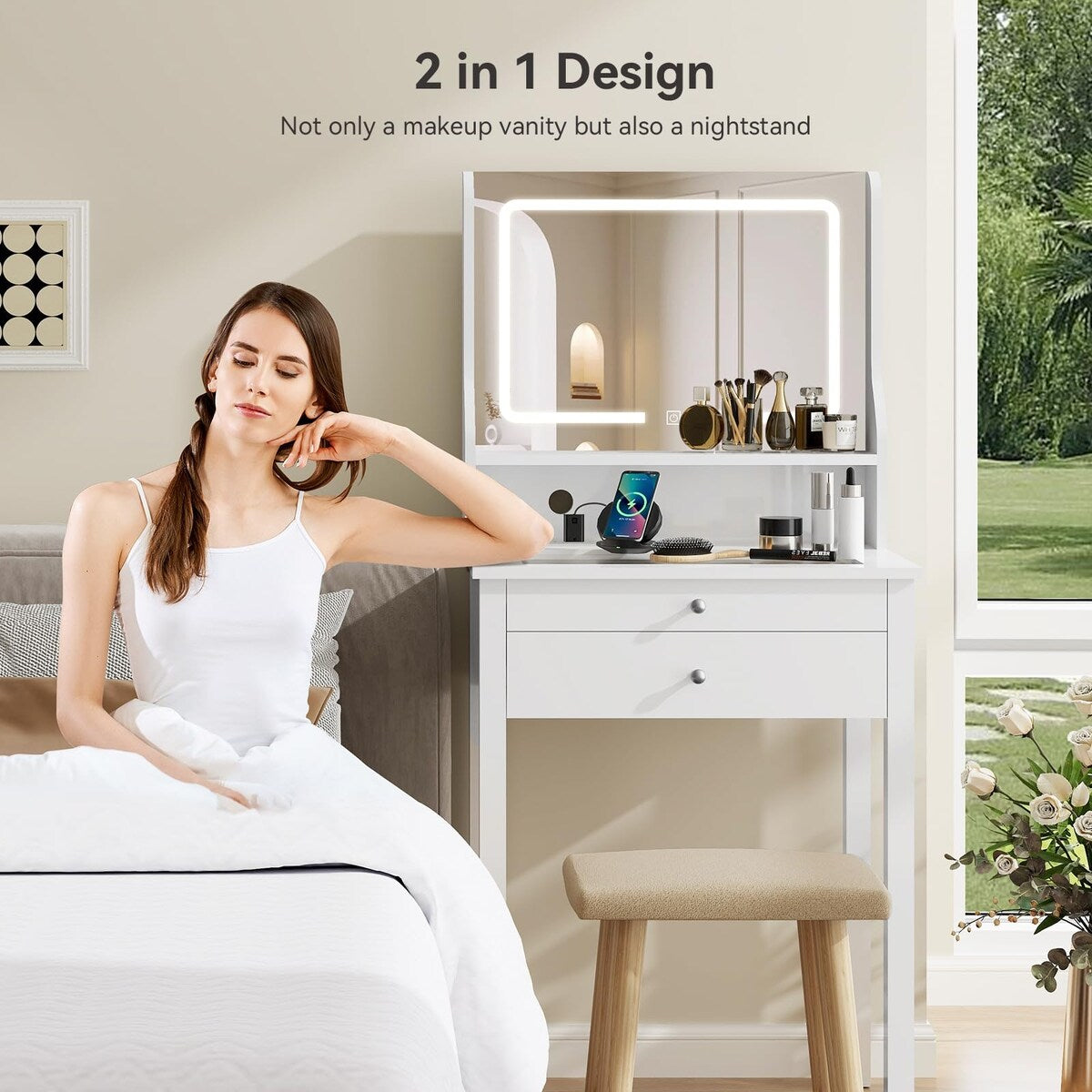 Small Vanity Desk with Mirror and Lights,Makeup Vanity Set with Chair and Drawers for Small Space, Bedroom with Light