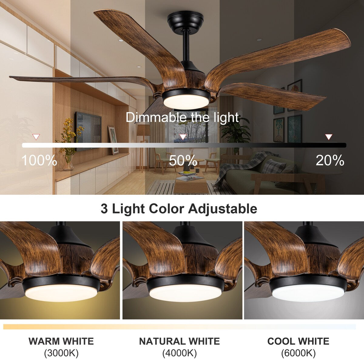 Smart 56" Integrated LED Ceiling Fan with Antique Brown Blades in Matte Black Fan Body Finish - Antique brown