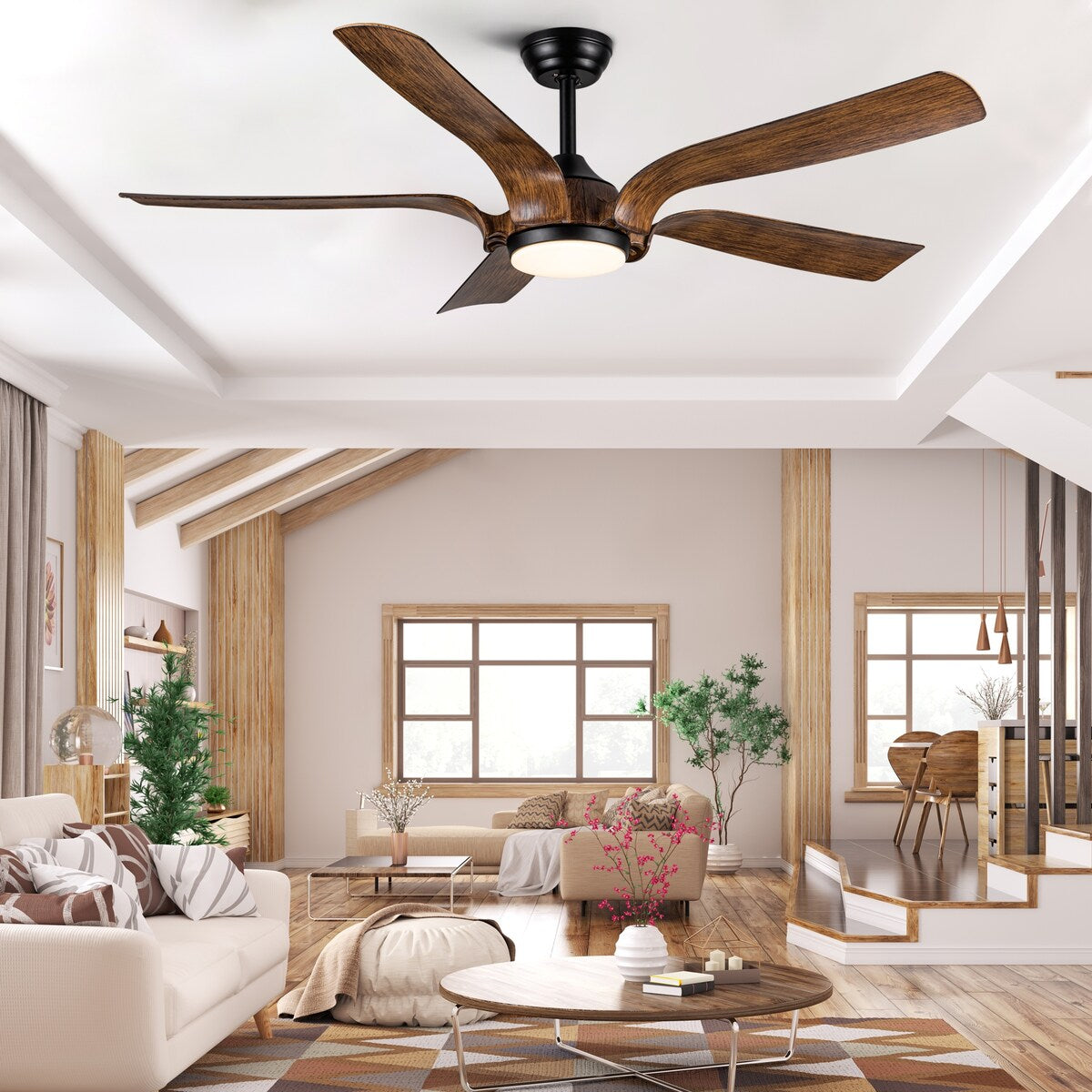 Smart 56" Integrated LED Ceiling Fan with Antique Brown Blades in Matte Black Fan Body Finish - Antique brown