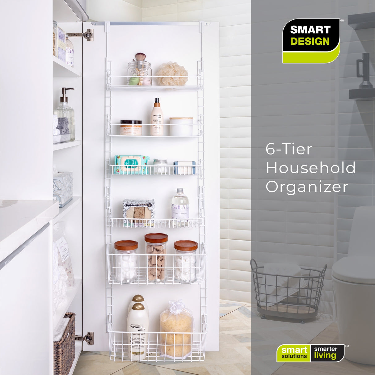 Smart Design Over the Door Pantry Organizer Rack with 6 Adjustable Shelves - White