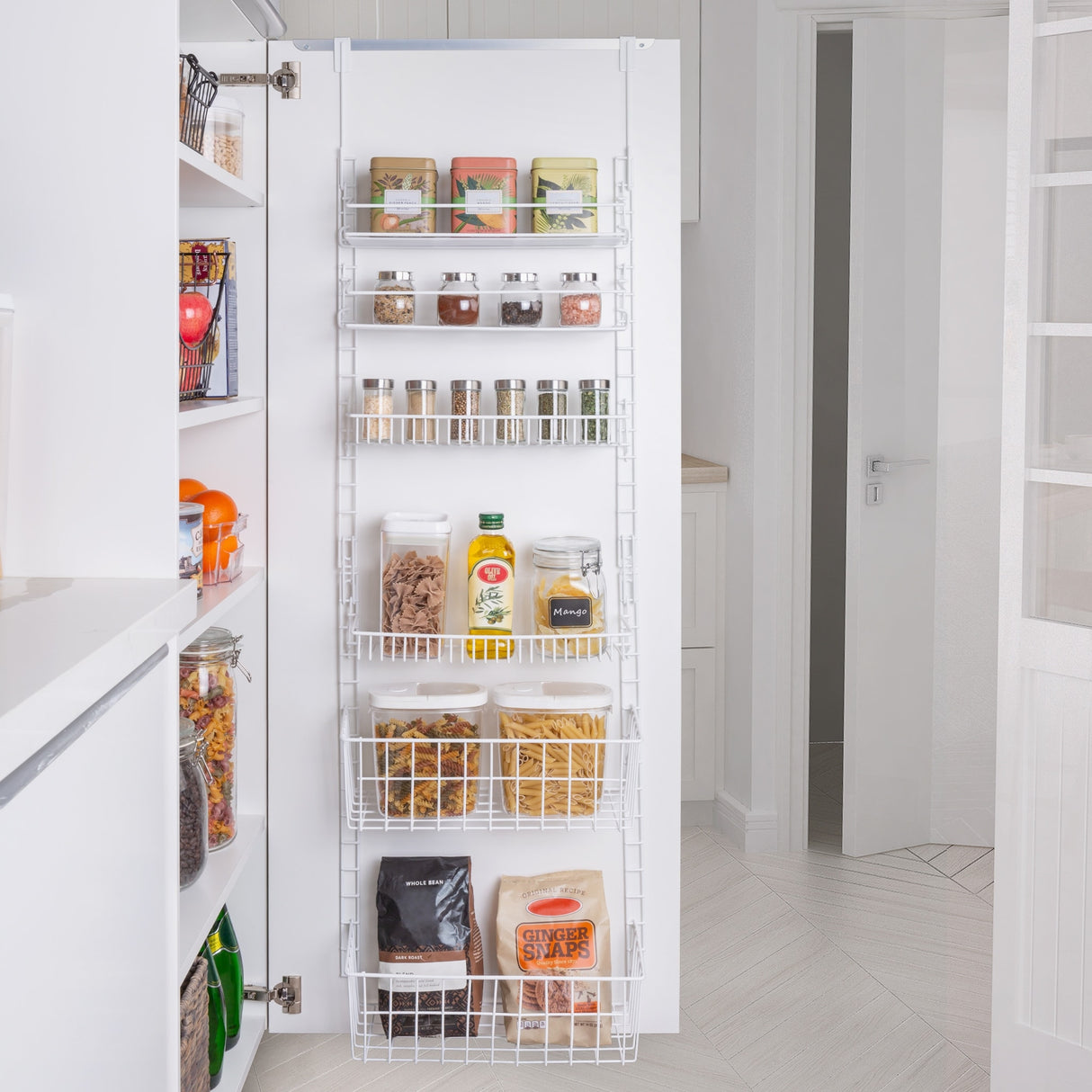 Smart Design Over the Door Pantry Organizer Rack with 6 Adjustable Shelves - White