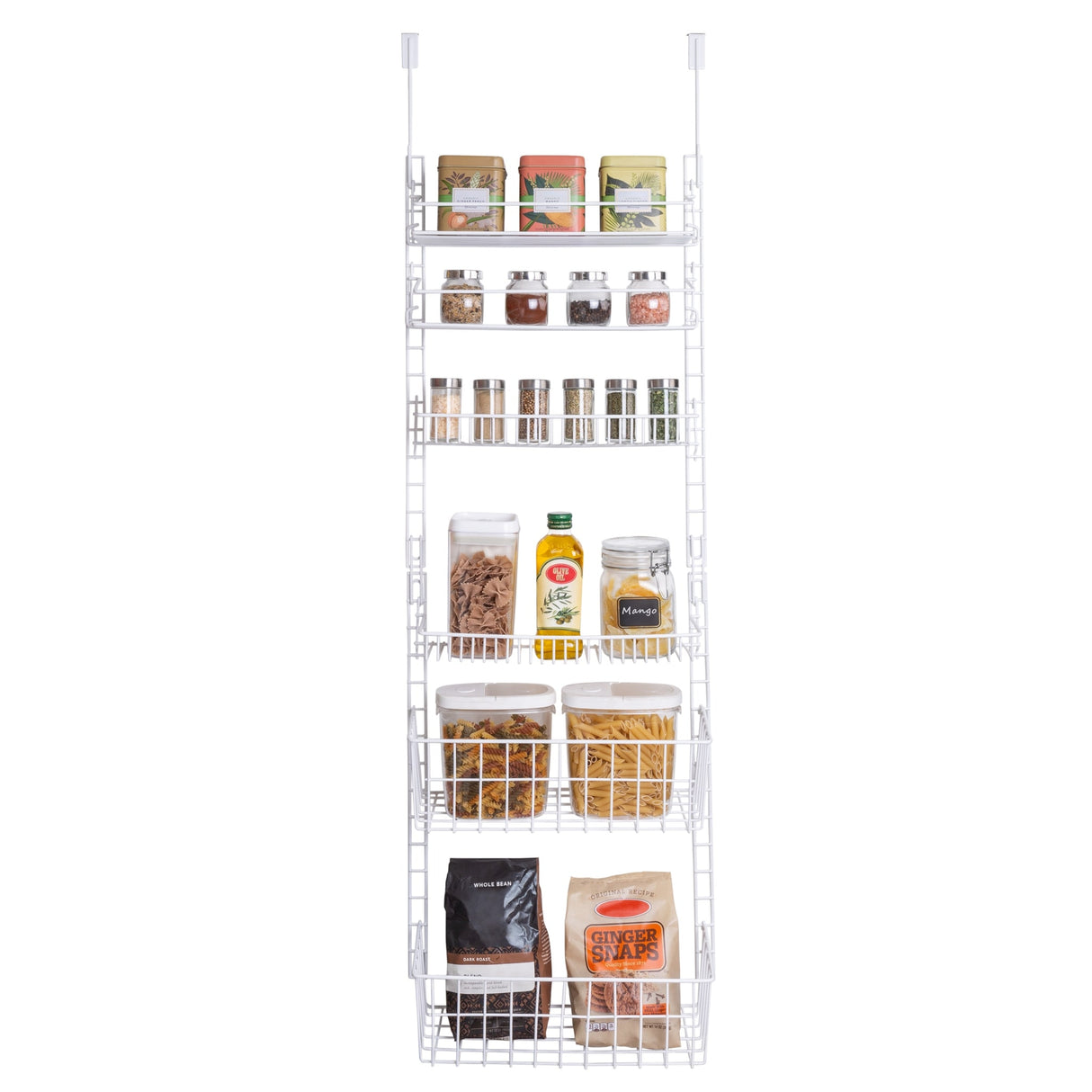 Smart Design Over the Door Pantry Organizer Rack with 6 Adjustable Shelves - White