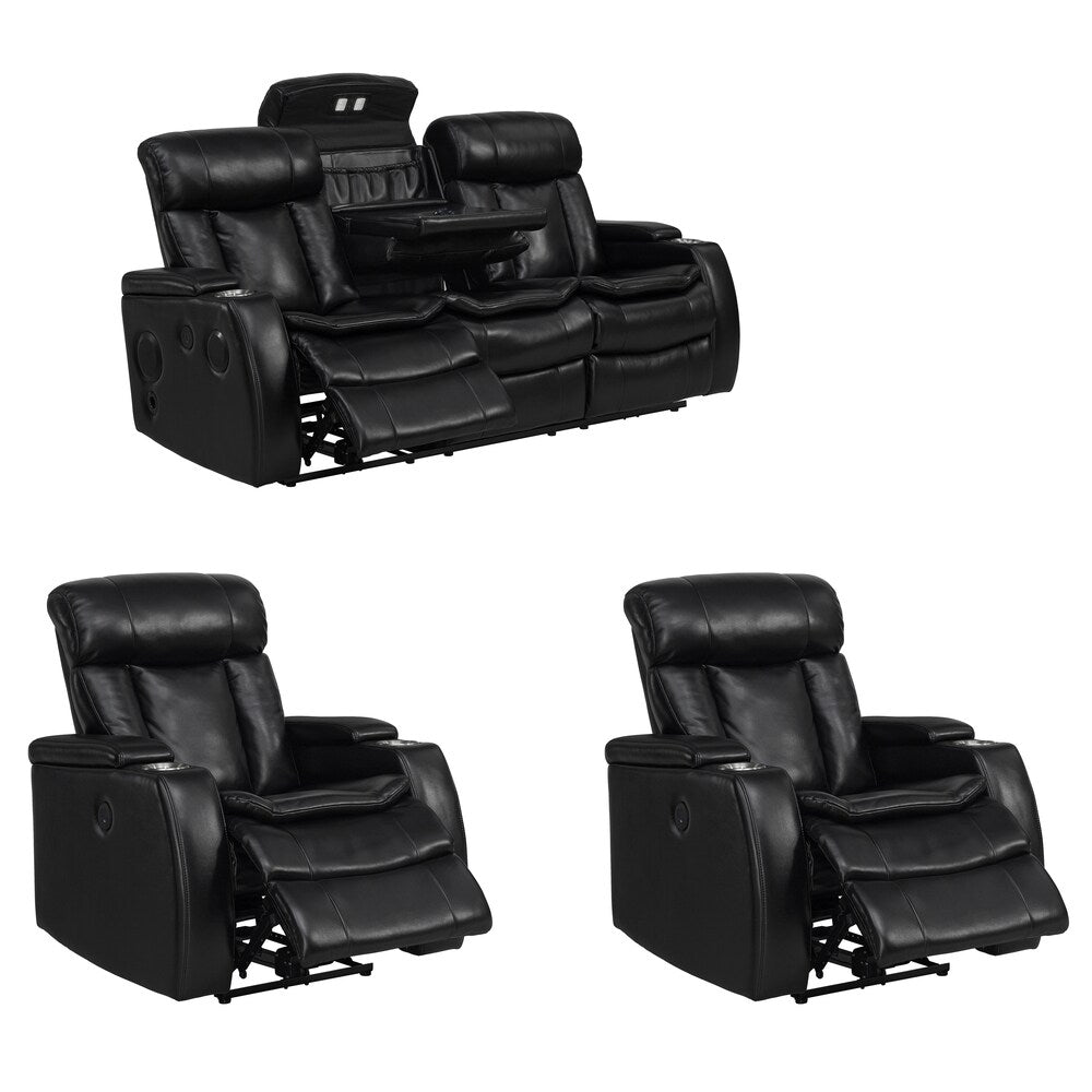Smart Tech Bluetooth Power Reclining Black Sofa and Two Chairs