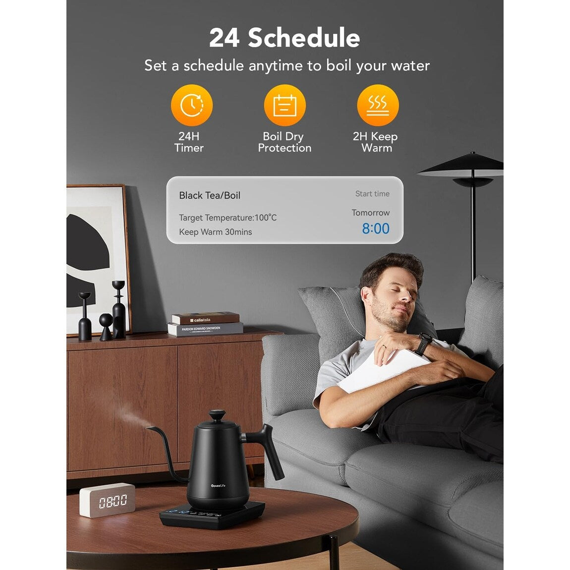 Smart WiFi Electric Kettle with LED Display, Variable Temperature Control, 0.8L, Alexa Compatible - Stainless Steel, Matte Black