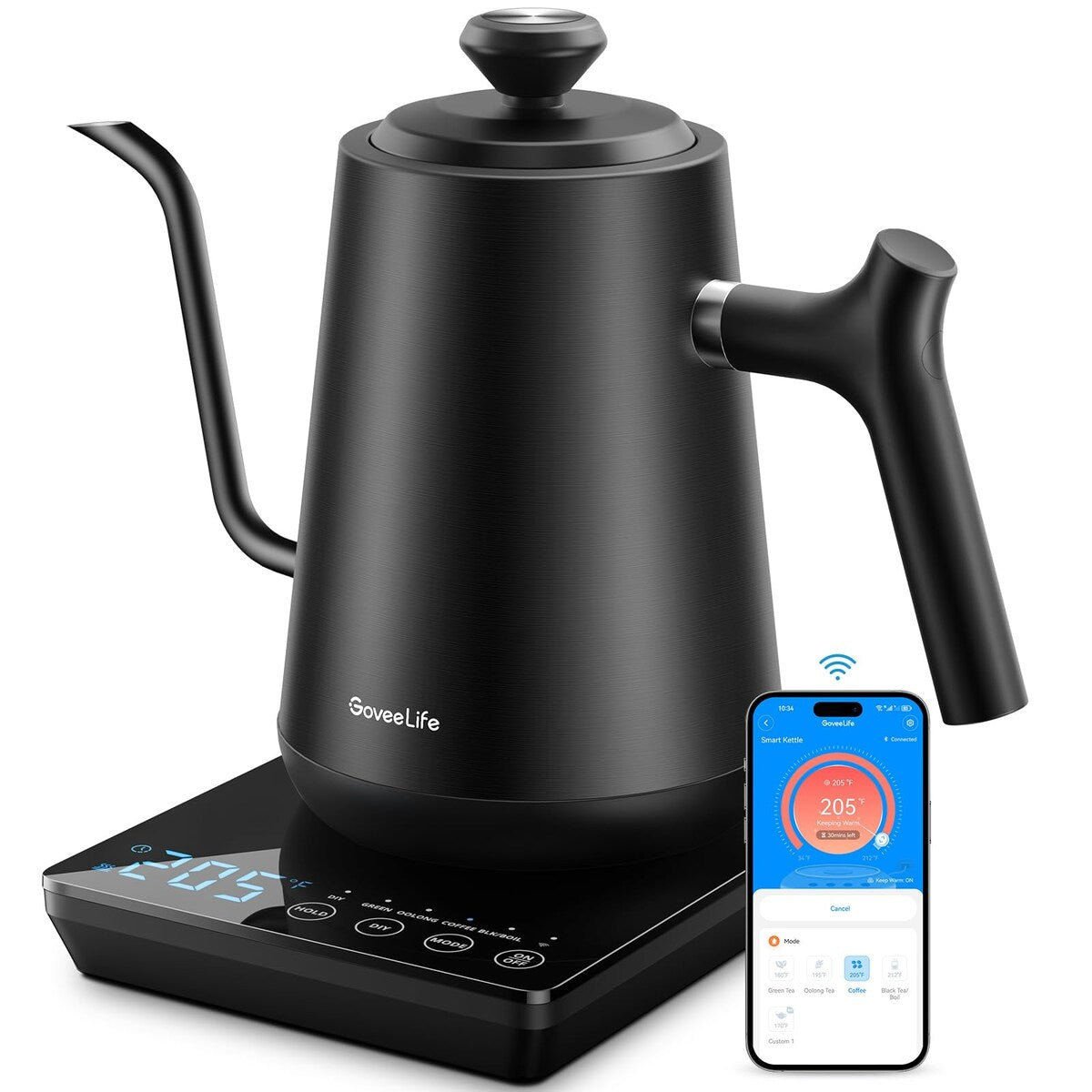 Smart WiFi Electric Kettle with LED Display, Variable Temperature Control, 0.8L, Alexa Compatible - Stainless Steel, Matte Black