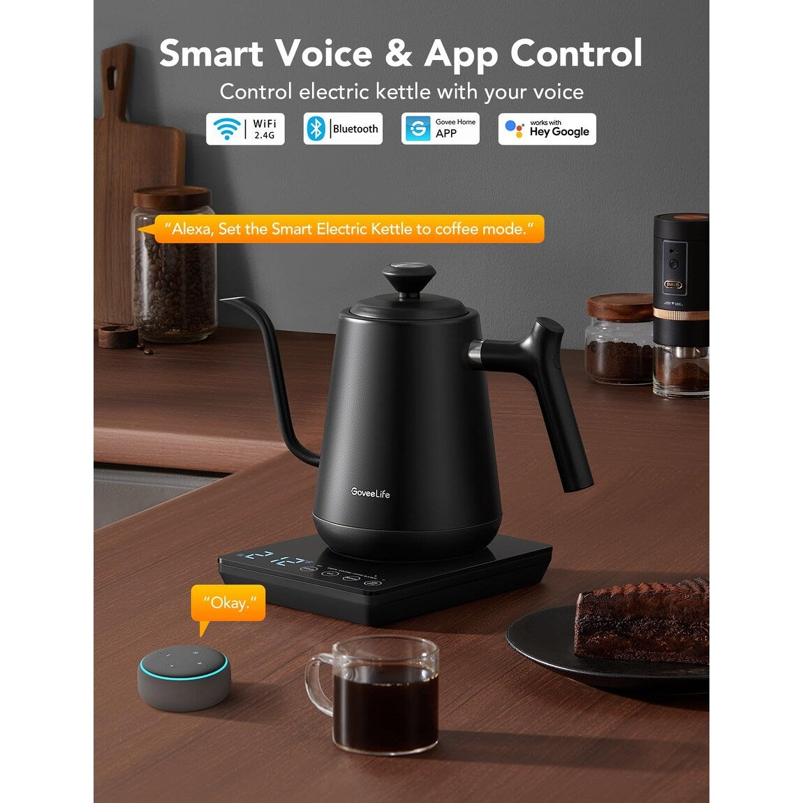 Smart WiFi Electric Kettle with LED Display, Variable Temperature Control, 0.8L, Alexa Compatible - Stainless Steel, Matte Black