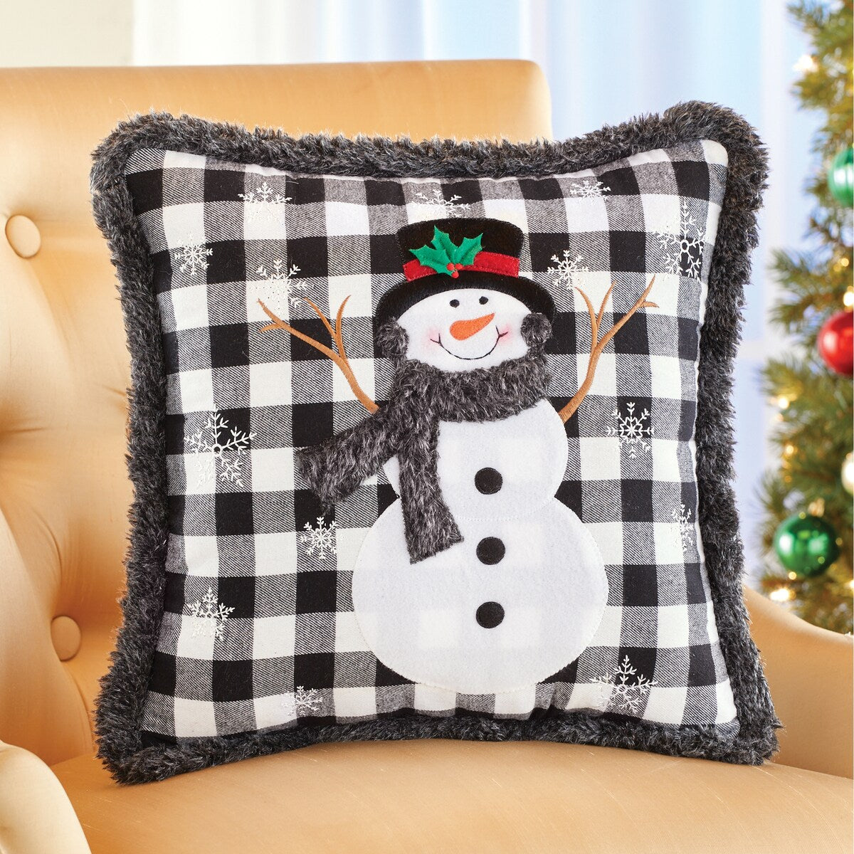 Smiling Snowman Fur Plaid Accent Throw Pillow