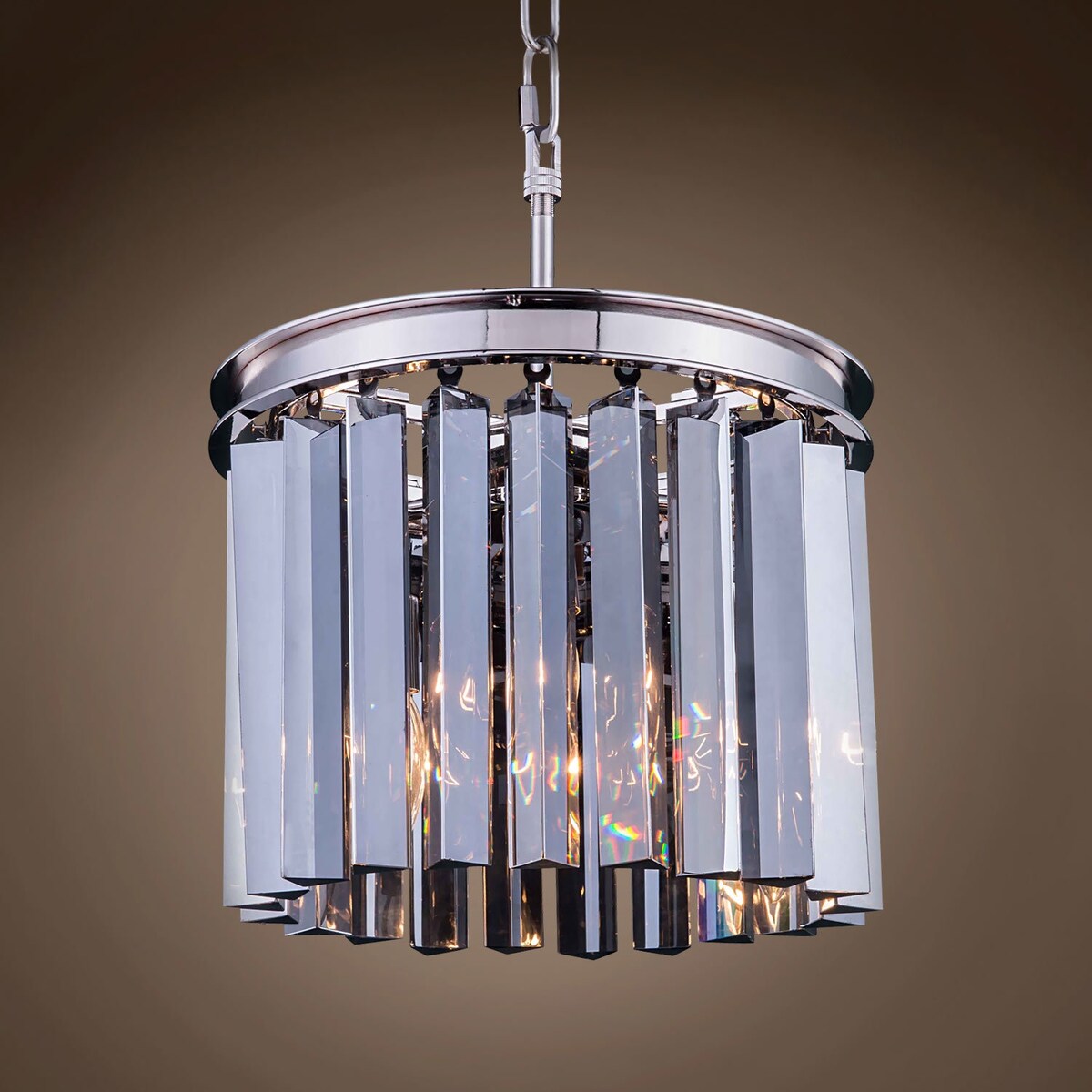 Smoke Crystal Prism 3 Light 12" Polished Nickel Chandelier & Led - 10.00