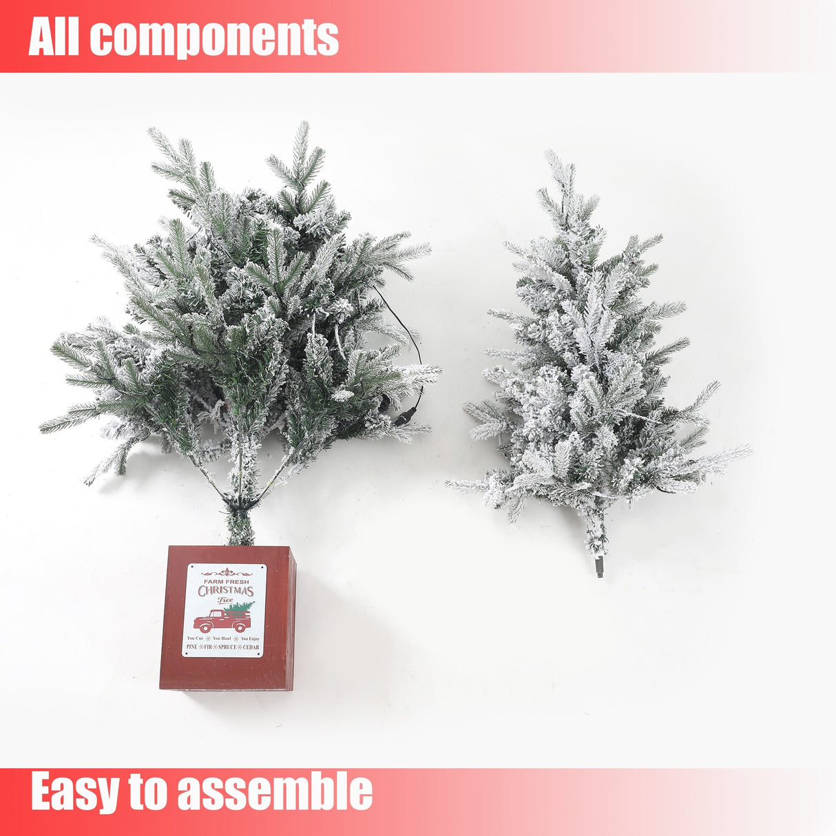 Snow Flocked 5ft Artificial Christmas Tree with Red Wood Base and Clear LED Lights - 63" H - 63" H x 31.5" Diameter