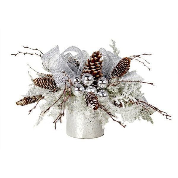 Snow Flocked Pine and Silver Arrangement