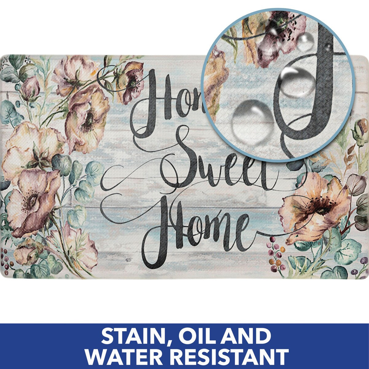 SoHome Cozy Living Home Sweet Home Floral Anti-Fatigue Kitchen Mat, Grey/Blue