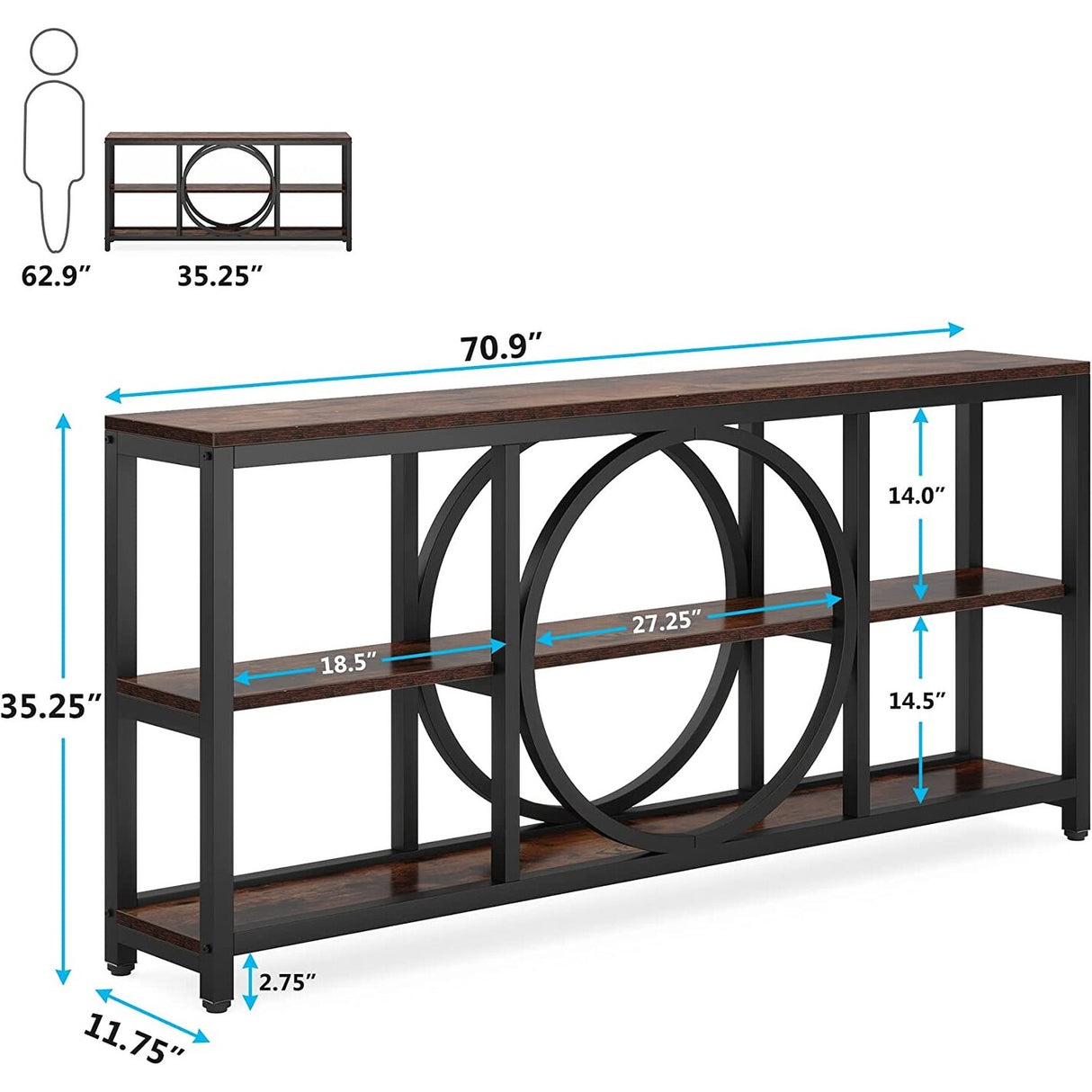 70.9-inche Sofa Console Table with Creative Metal Leg Design, 3 Tiers Narrow Long Accent Tables for Entryway