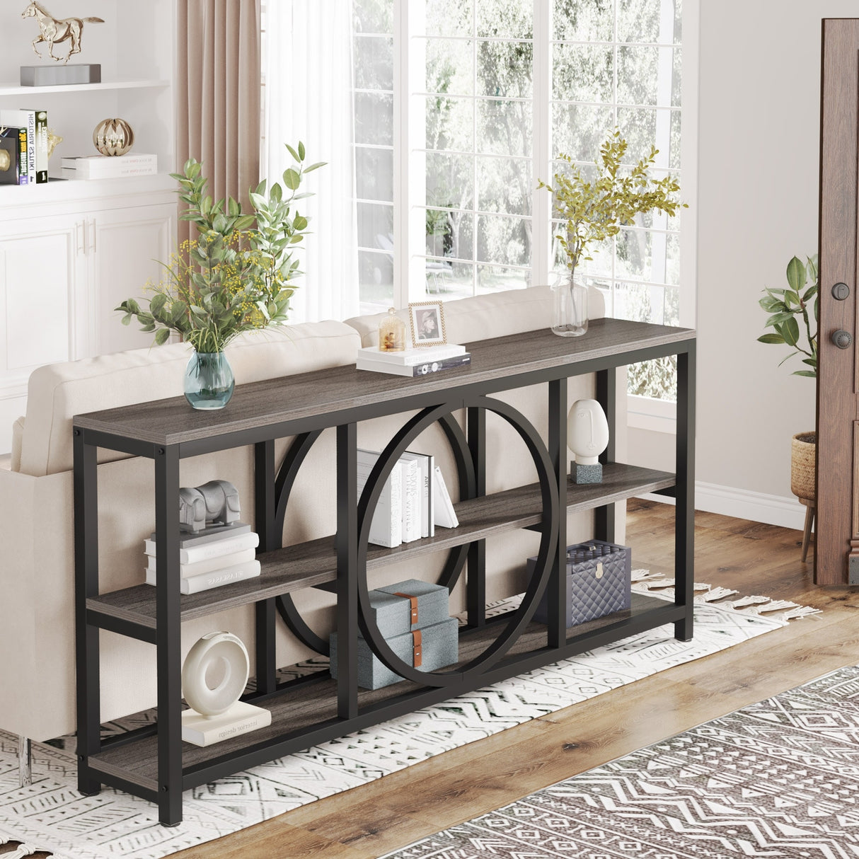 70.9-inche Sofa Console Table with Creative Metal Leg Design, 3 Tiers Narrow Long Accent Tables for Entryway