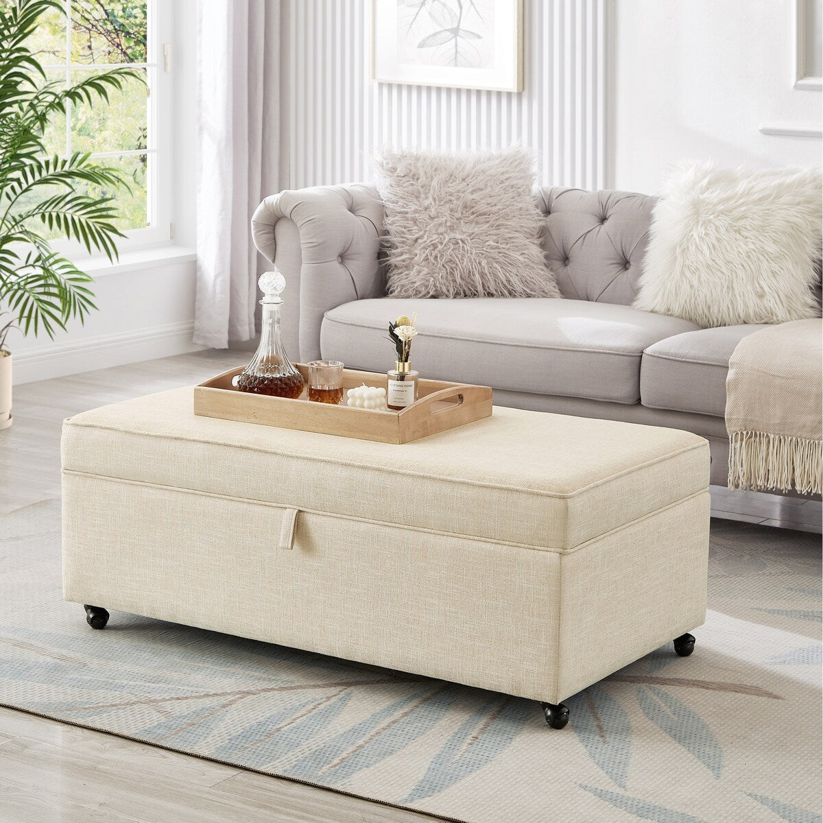 Sofa Storage Ottoman Bench with Storage Wheels for Living Room Oatmeal