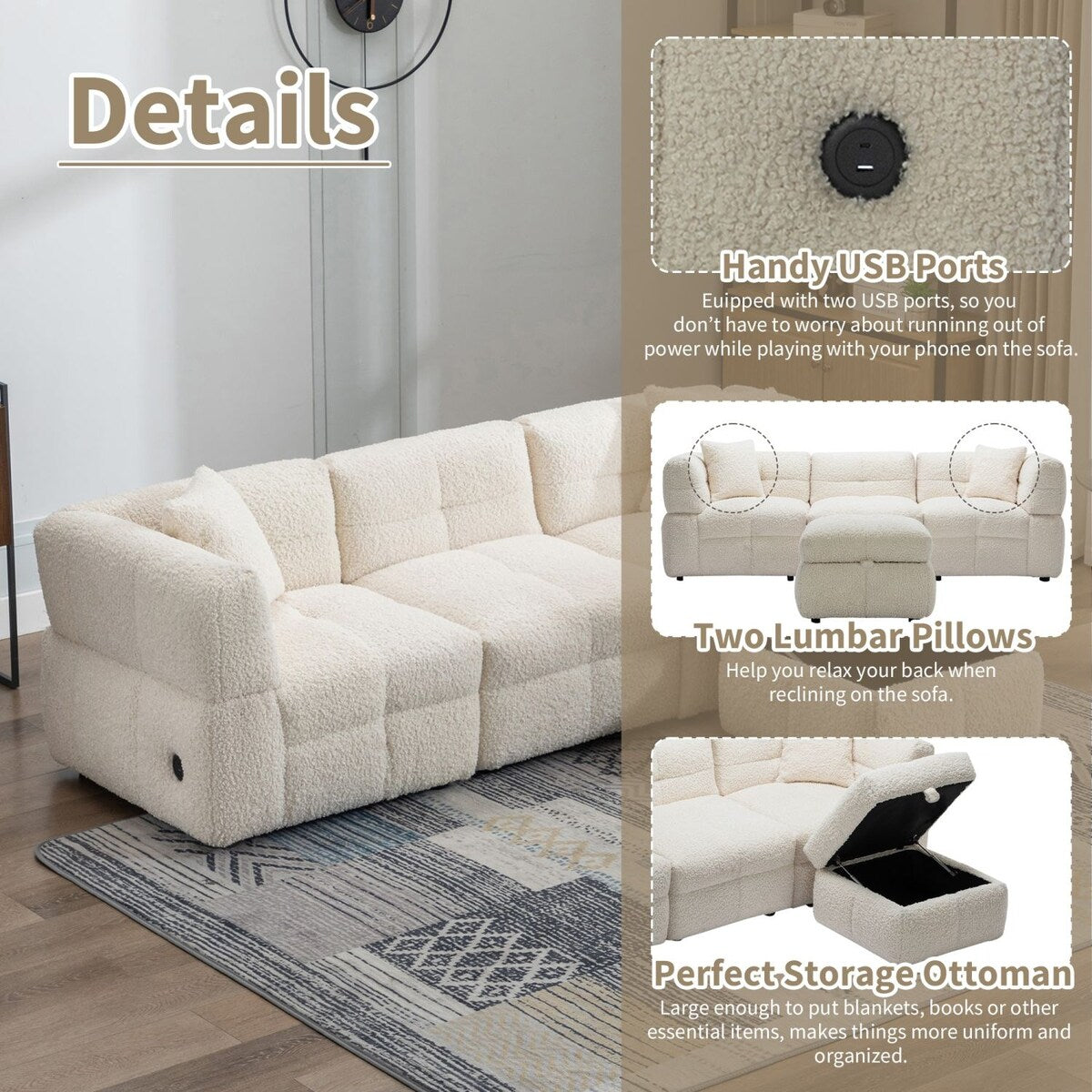 Sectional Sofa Couch with Two USB Ports, a Movable Storage Ottoman, and Two Lumbar Pillows for Living Room