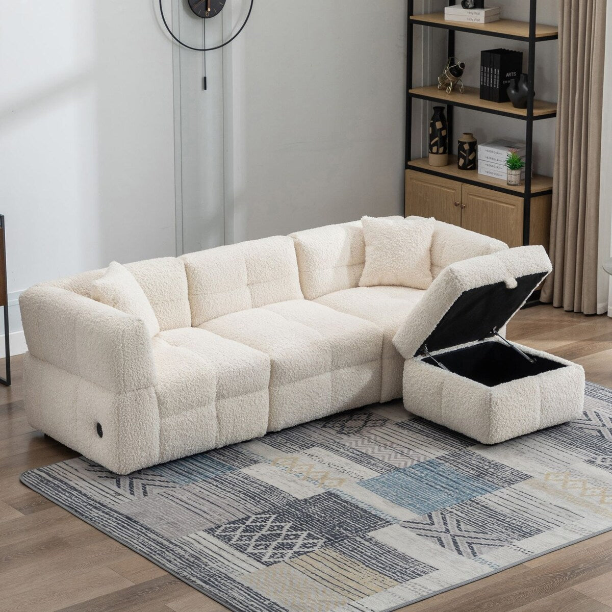 Sectional Sofa Couch with Two USB Ports, a Movable Storage Ottoman, and Two Lumbar Pillows for Living Room