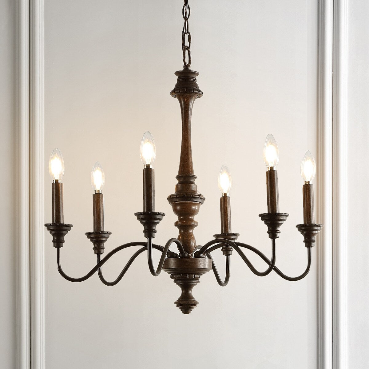 Sofia 25" 6-Light Midcentury Farmhouse Iron LED Chandelier, Wood Finished/Oil Rubbed Bronze by JONATHAN Y
