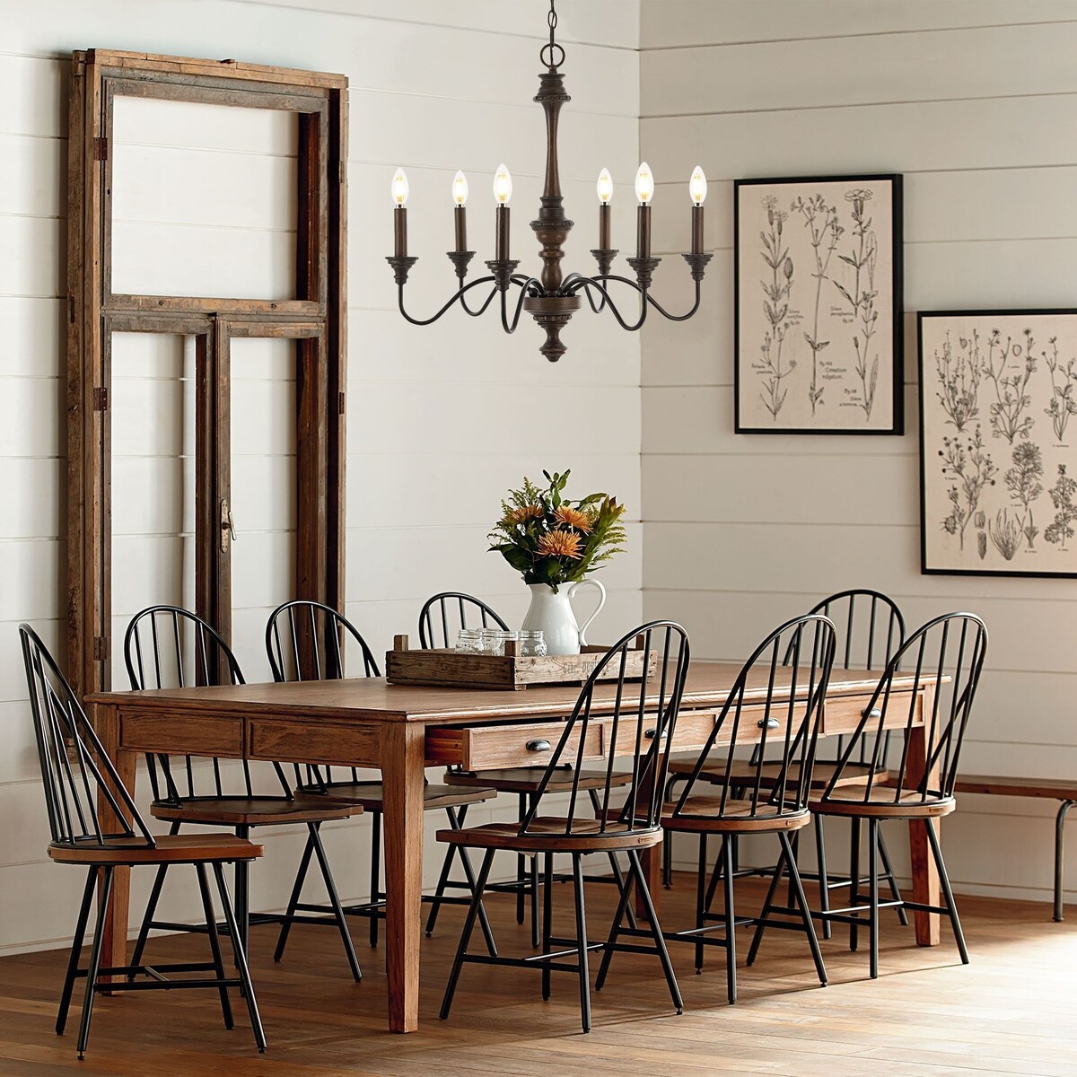 Sofia 25" 6-Light Midcentury Farmhouse Iron LED Chandelier, Wood Finished/Oil Rubbed Bronze by JONATHAN Y