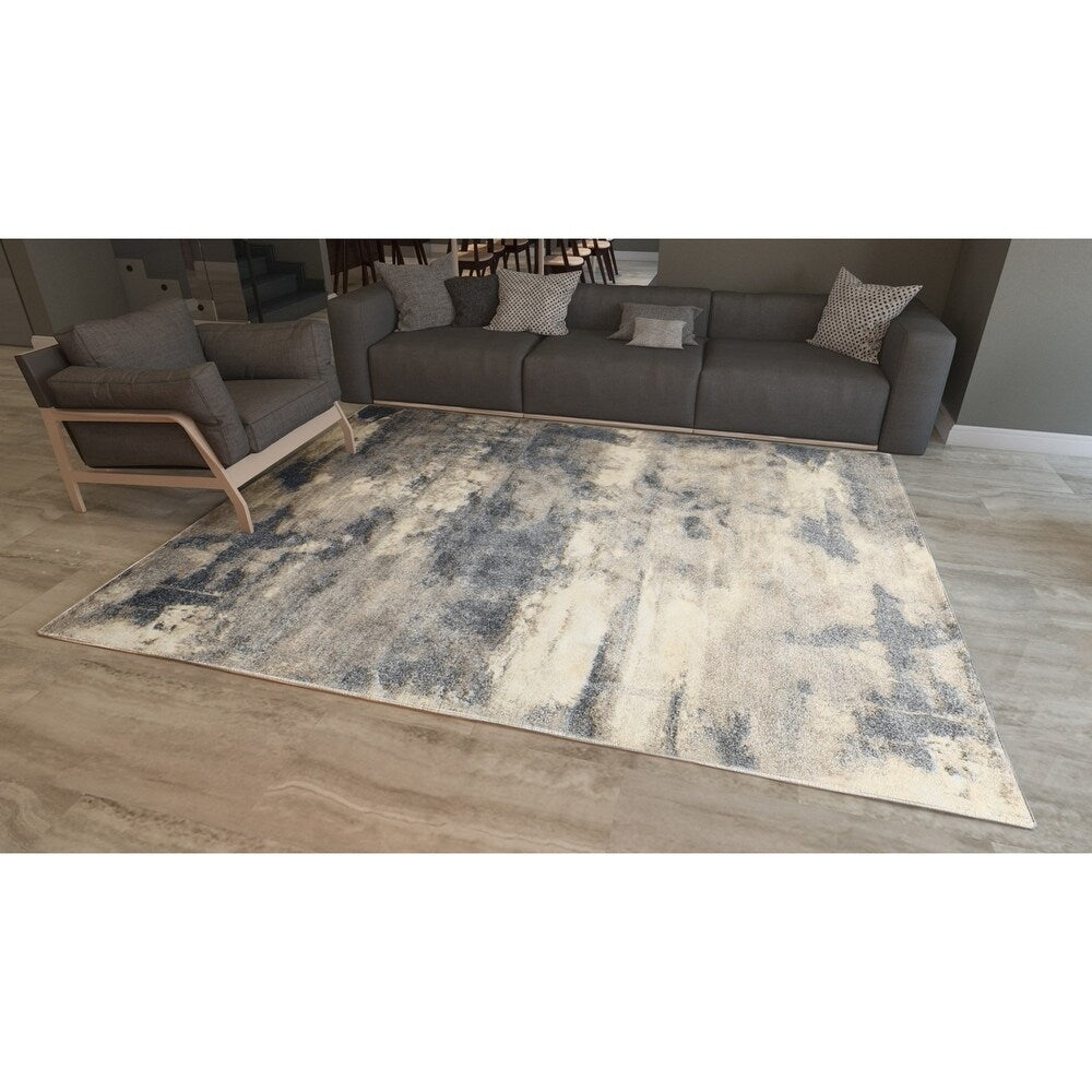 Soft Plush Abstract Grey / Brown / Blue Rug - Rectangle
